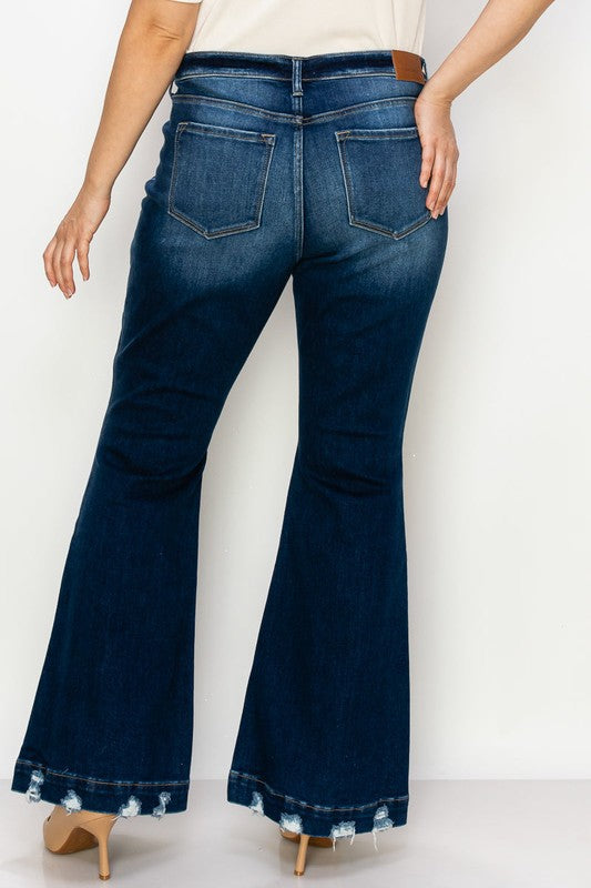 Curvy Unique flare, distressed hem jeans