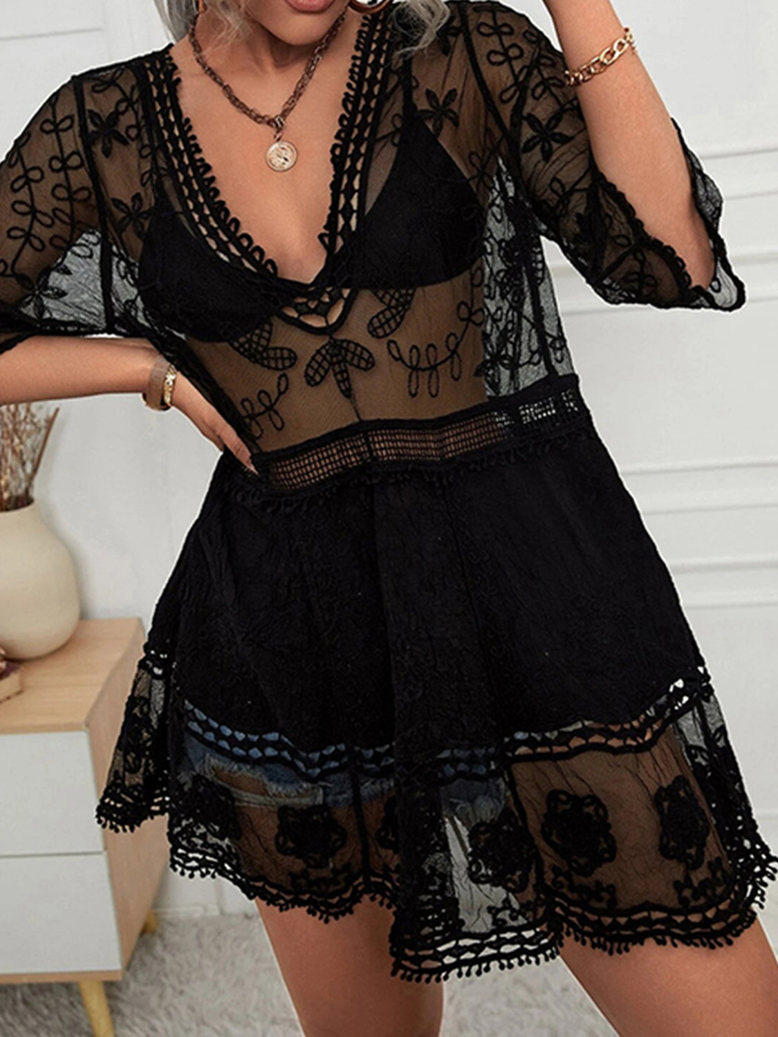 Lace  Plunge Cover-Up Dress